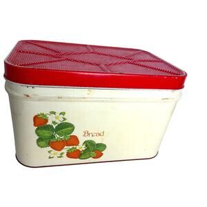 Vintage Cheinco Enamelware Metal Bread Bin Strawberries READ